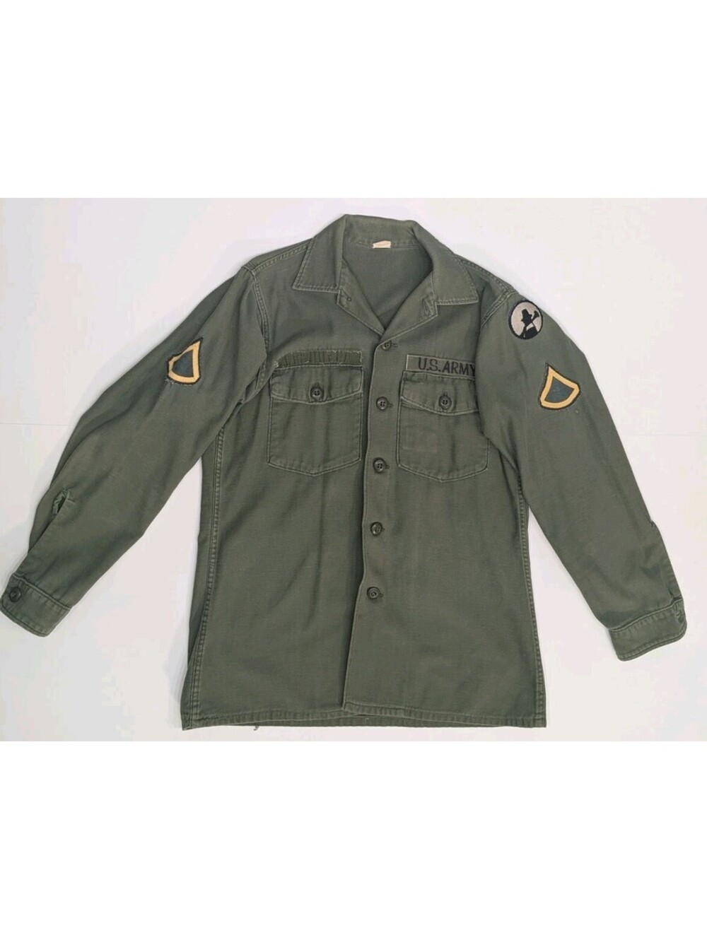 Vintage 60s US Military OG-107 Cotton Sateen Shirt 15.5 x 33 PFC & Pilgrim Patch